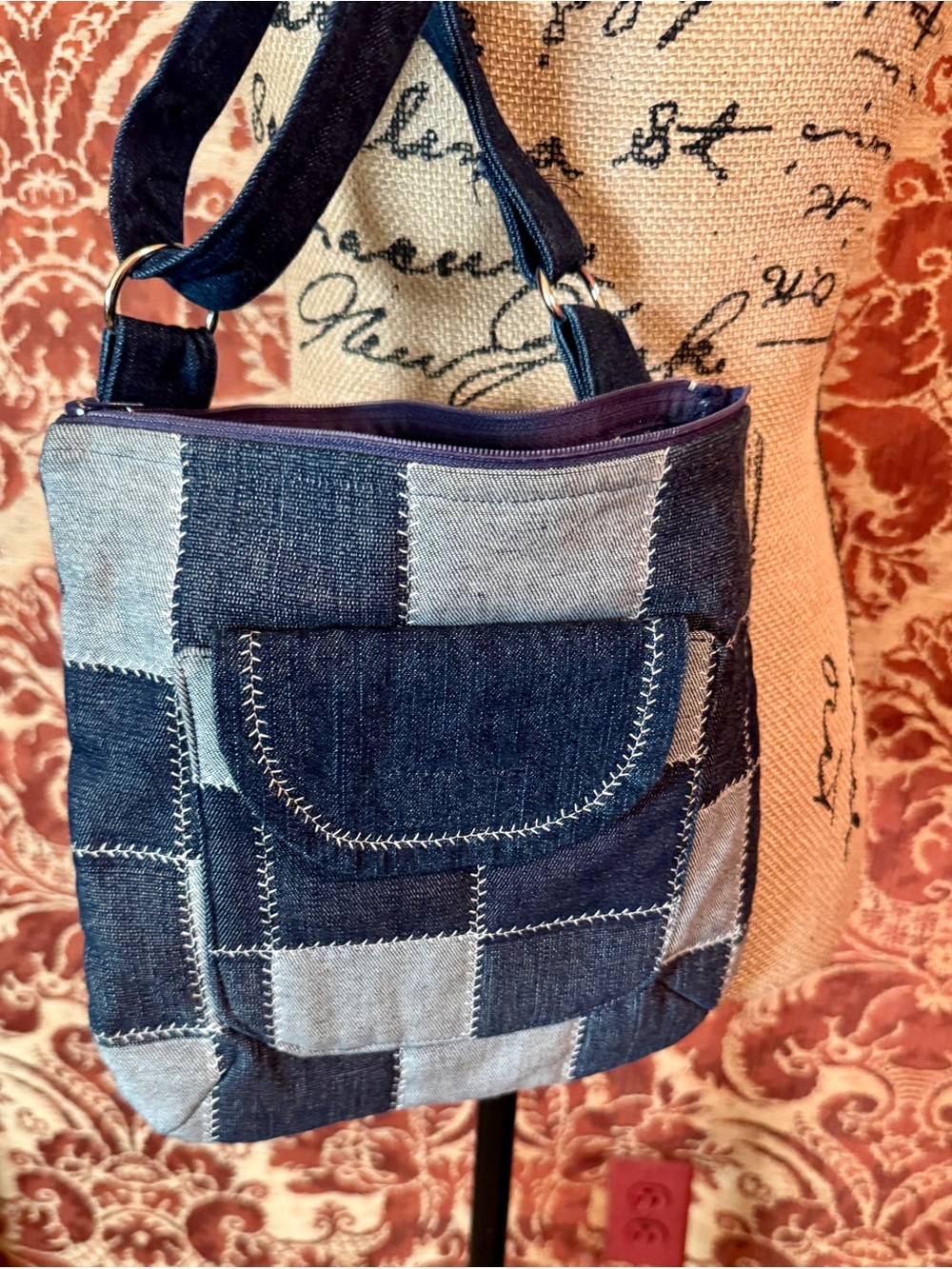 Patchwork Denim Crossbody Bag in Two-Tone Blue